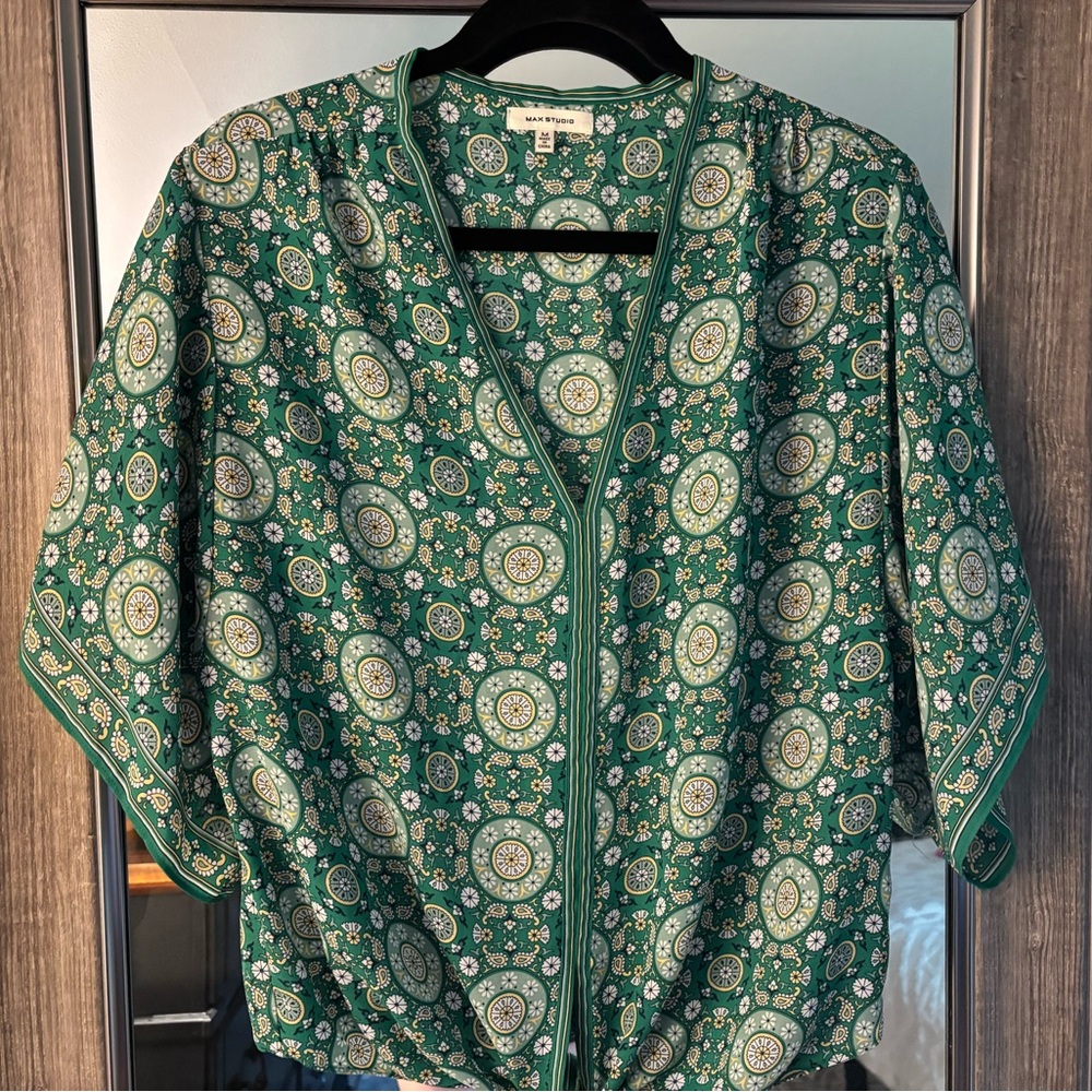Max Studio Green Buttoned Tie Front Blouse
